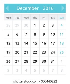December 2016. Simple european calendar for 2016 year - one month grid. Clean and neat. Only plain colors - easy to recolor. Vector illustration.