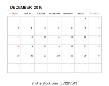 December 2016 - Vector calendar template design for planning. Week start from Sunday.