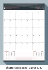 December 2016. Vector Design Print Template. Monthly Calendar Planner for 2016 Year. 3 Months on Page. Week Starts Sunday