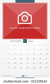 December 2016. Wall Monthly Calendar for 2016 Year. Vector Design Print Template with Place for Photo. Week Starts Sunday. Portrait Orientation