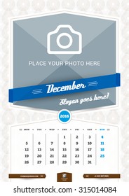 December 2016. Wall Monthly Calendar for 2016 Year. Vector Design Print Template with Place for Photo and Pattern Background. Week Starts Monday