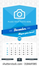 December 2016. Wall Monthly Calendar for 2016 Year. Vector Design Print Template with Place for Photo and Pattern Background. Week Starts Sunday