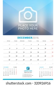 December 2016. Wall Monthly Calendar for 2016 Year. Vector Design Print Template with Place for Photo. Week Starts Monday. 3 Months on Page