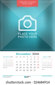 December 2016. Wall Monthly Calendar for 2016 Year. Vector Design Print Template with Place for Photo. Week Starts Monday. 3 Months on Page