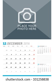 December 2016. Wall Monthly Calendar for 2016 Year. Vector Design Print Template with Place for Photo and Place for Notes. 3 Months on Page. Week Starts Monday