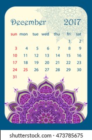 December 2017 Calendar decorated with circular flower mandala. Vector illustration