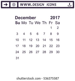 December 2017 Calendar Icon Vector flat design style