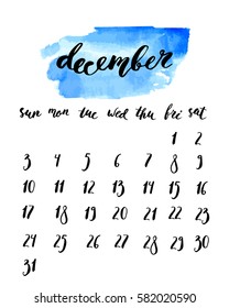 December 2017 calendar with ink calligraphy elements and watercolor blue background. Week starts Sunday.