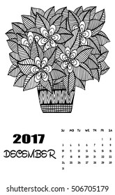 December, 2017 calendar. Line Art Black and white Illustration. Flower pot. Print anti-stress coloring page