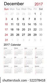 December 2017 - Calendar on white background. Vector EPS10.