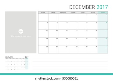 December 2017 calendar with space for picture and lines for taking notes