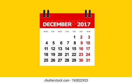 december 2017 calendar vector isolated yellow background