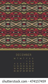 December 2017 calendar. Week starts from Monday. Vector illustration. 
