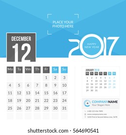 December 2017. Calendar for 2017 Year. 2 Months on Page. Vector Design. Template with Place for Photo and Company Logo