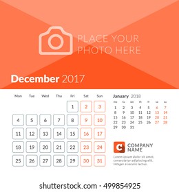 December 2017. Calendar for 2017 Year. Week Starts Monday. 2 Months on Page. Vector Design Print Template with Place for Photo and Company Logo