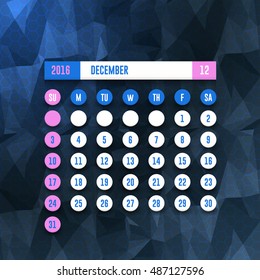 December 2017 Full Calendar Template - Polygonal Background, Promotion Poster Vector Design, Week Starts Sunday