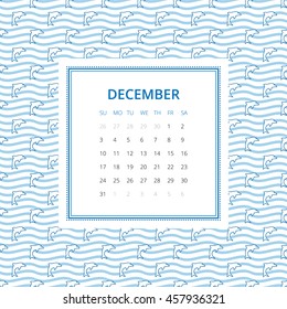 December 2017  One month calendar vector template in page  square format  Hand drawn seamless pattern background  Week starts Sunday  Blue   white colors