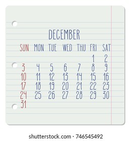 December 2017 vector calendar on a ruled notebook page. Week starting from Sunday. Hand written typography.
