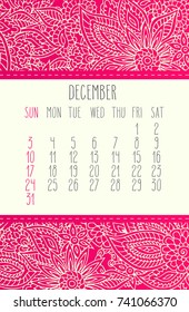 December 2017 vector calendar over pink lacy doodle hand drawn background, week starting from Sunday.