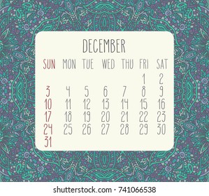 December 2017 vector calendar over blue lacy doodle hand drawn background, week starting from Sunday.