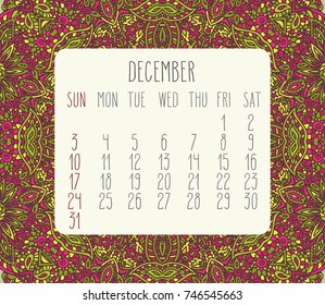 December 2017 vector calendar over pink and green lacy doodle hand drawn background, week starting from Sunday.