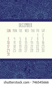 December 2017 vector calendar over blue lacy doodle hand drawn background, week starting from Sunday.
