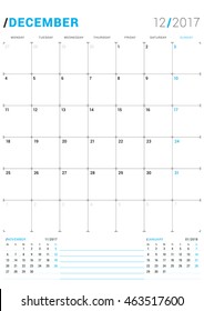 December 2017. Vector Print Template. Monthly Calendar Planner for 2017 Year. Week Starts Monday. 3 Months on the Page. Stationery Design