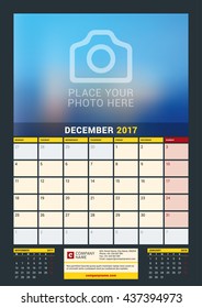 December 2017. Wall Calendar for 2017 Year. Vector Design Print Template with Place for Photo. Dark Background. Week Starts Monday. 3 Months on Page. Planner Template. Stationery Design