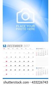 December 2017. Wall Monthly Calendar for 2017 Year. Vector Design Print Template with Place for Photo. Week Starts Sunday. 3 Months on Page. Planner Template. Stationery Design