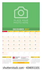 December 2017. Wall Monthly Calendar for 2017 Year. Vector Design Print Template with Place for Photo. Week Starts Sunday. 3 Months on Page. Planner Template. Stationery Design