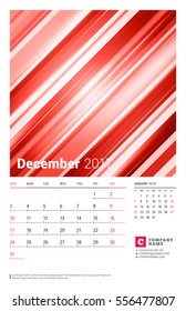 December 2017. Wall Monthly Calendar for 2017 Year. Vector Design Print Template with Abstract Red Background. Week Starts Sunday. 2 Months on Page
