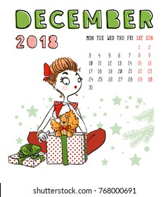 December. 2018 calendar. Cute girl with dog. Can be used like greeting cards.