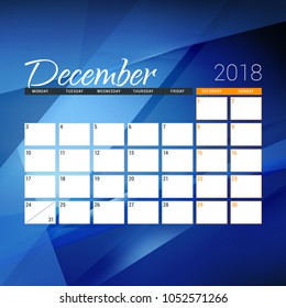 December 2018. Calendar planner design template with abstract background. Week starts on Monday