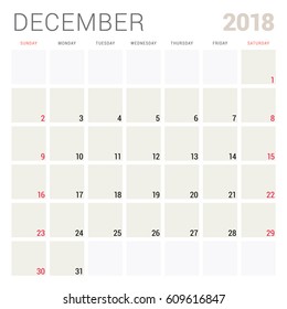 December 2018. Calendar planner design template. Week starts on Sunday. Stationery design