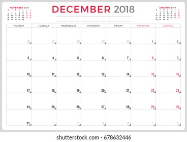 December 2018. Calendar planner design template. Week starts on Monday. Stationery design