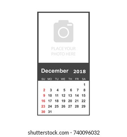 December 2018 calendar. Calendar planner design template with place for photo. Week starts on sunday. Business vector illustration.