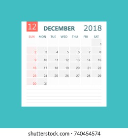 December 2018 calendar. Calendar planner design template. Week starts on Sunday. Business vector illustration.