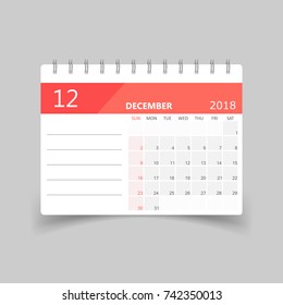 December 2018 calendar. Calendar planner design template. Week starts on Sunday. Business vector illustration.