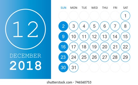 December 2018 calendar. Calendar planner design template. Week starts on Sunday. Business vector illustration.