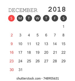 December 2018 calendar. Calendar planner design template. Week starts on Sunday. Business vector illustration.