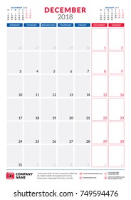 December 2018. Calendar planner design template. Portrait orientation. Week starts on Monday. Stationery design