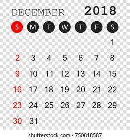 December 2018 calendar. Calendar planner design template. Week starts on Sunday. Business vector illustration.