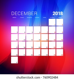 December 2018. Calendar planner design template with abstract background. Week starts on Monday