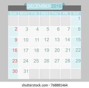 December 2018. Calendar planner design template. Week starts on Sunday