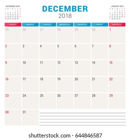 December 2018. Calendar planner vector design template. Week starts on Sunday. Stationery design