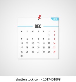 December 2018 calendar. Calendar sticker design template. Week starts on Monday. Business vector illustration.