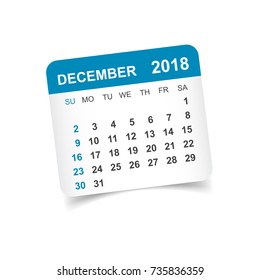 December 2018 calendar. Calendar sticker design template. Week starts on Sunday. Business vector illustration.