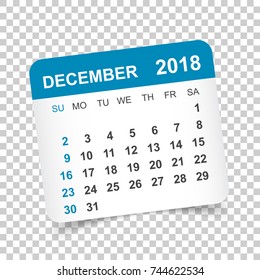 December 2018 calendar. Calendar sticker design template. Week starts on Sunday. Business vector illustration.