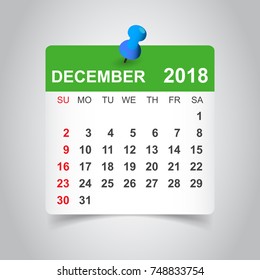 December 2018 calendar. Calendar sticker design template. Week starts on Sunday. Business vector illustration.