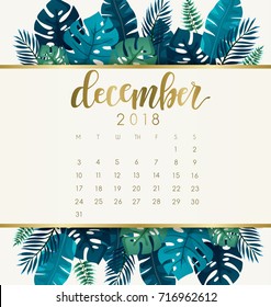 December : 2018 Calendar Template with Exotic Tropical Leaves : Vector Illustration